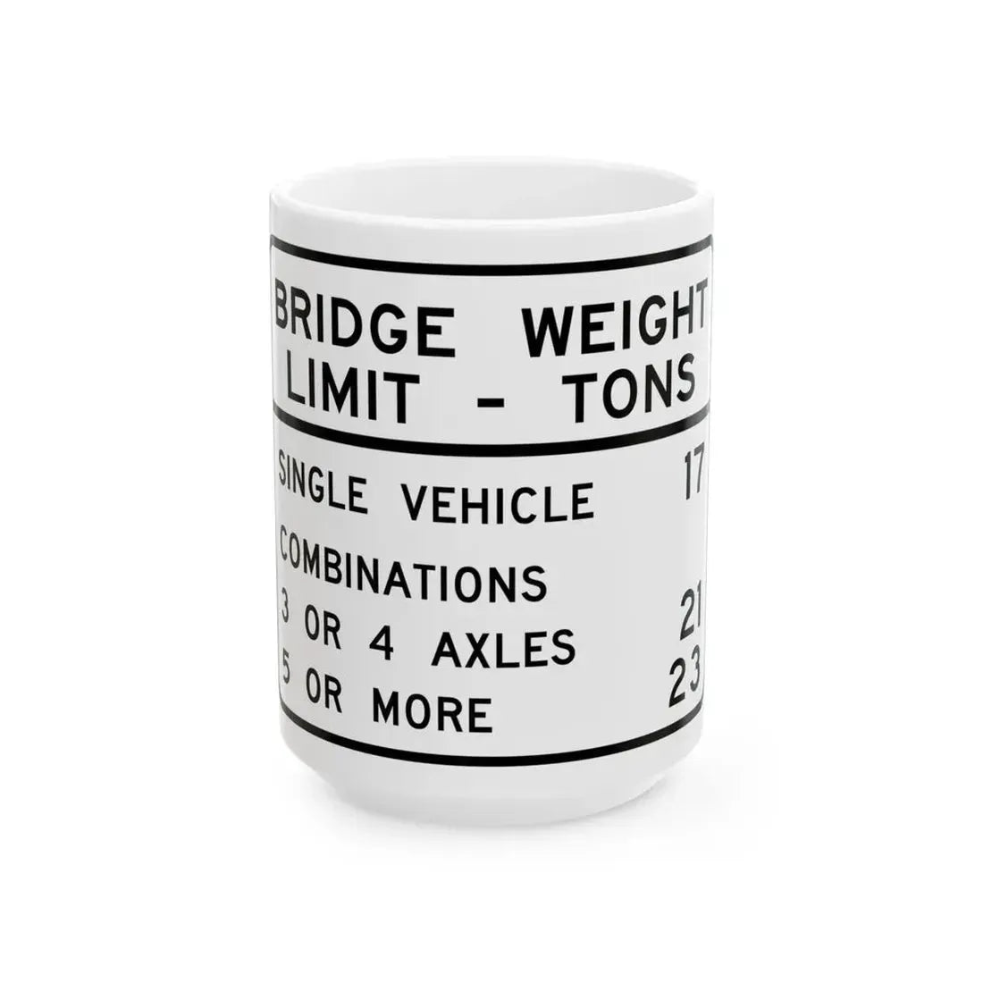 BRIDGE WEIGHT LIMIT TONS SINGLE VEHICLE 17 COMBINA Illinois MUTCD R12-I100 (Illinois) (Road Sign) White Coffee Mug 15oz - Go Mug Yourself