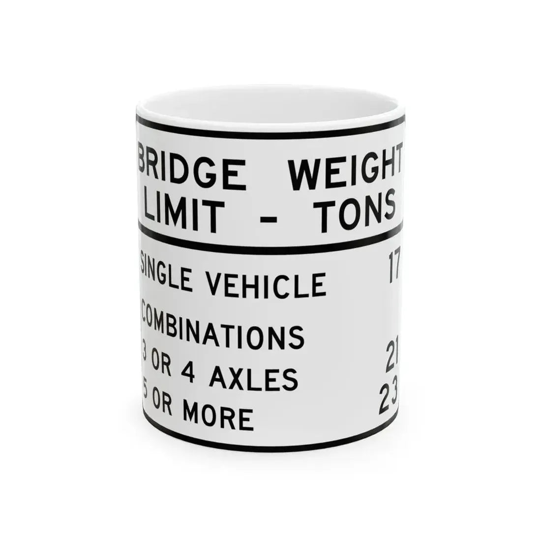 BRIDGE WEIGHT LIMIT TONS SINGLE VEHICLE 17 COMBINA Illinois MUTCD R12-I100 template (Illinois) (Road Sign) White Coffee Mug 11oz - Go Mug Yourself