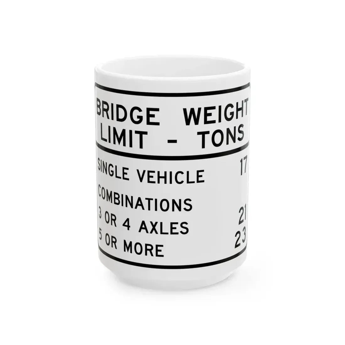 BRIDGE WEIGHT LIMIT TONS SINGLE VEHICLE 17 COMBINA Illinois MUTCD R12-I100 template (Illinois) (Road Sign) White Coffee Mug 15oz - Go Mug Yourself