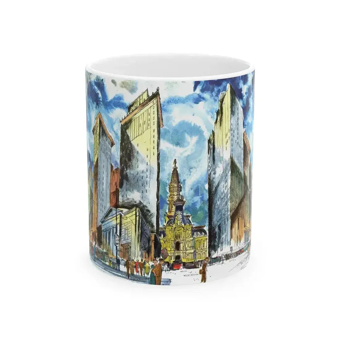 Broad and Chestnut Streets facing City Hall, Philadelphia - White Coffee Mug 11oz - Go Mug Yourself
