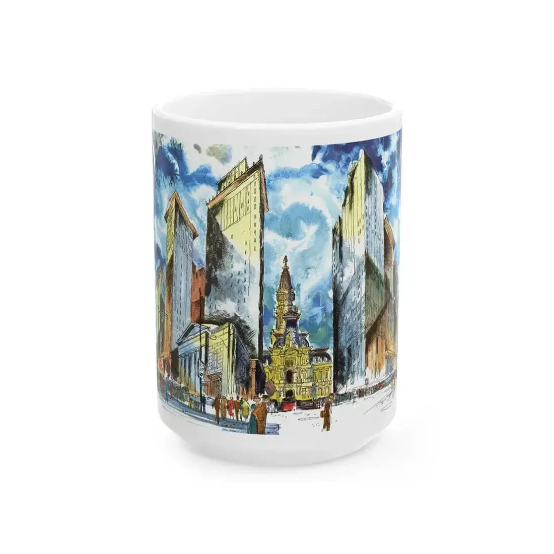 Broad and Chestnut Streets facing City Hall, Philadelphia - White Coffee Mug 15oz - Go Mug Yourself