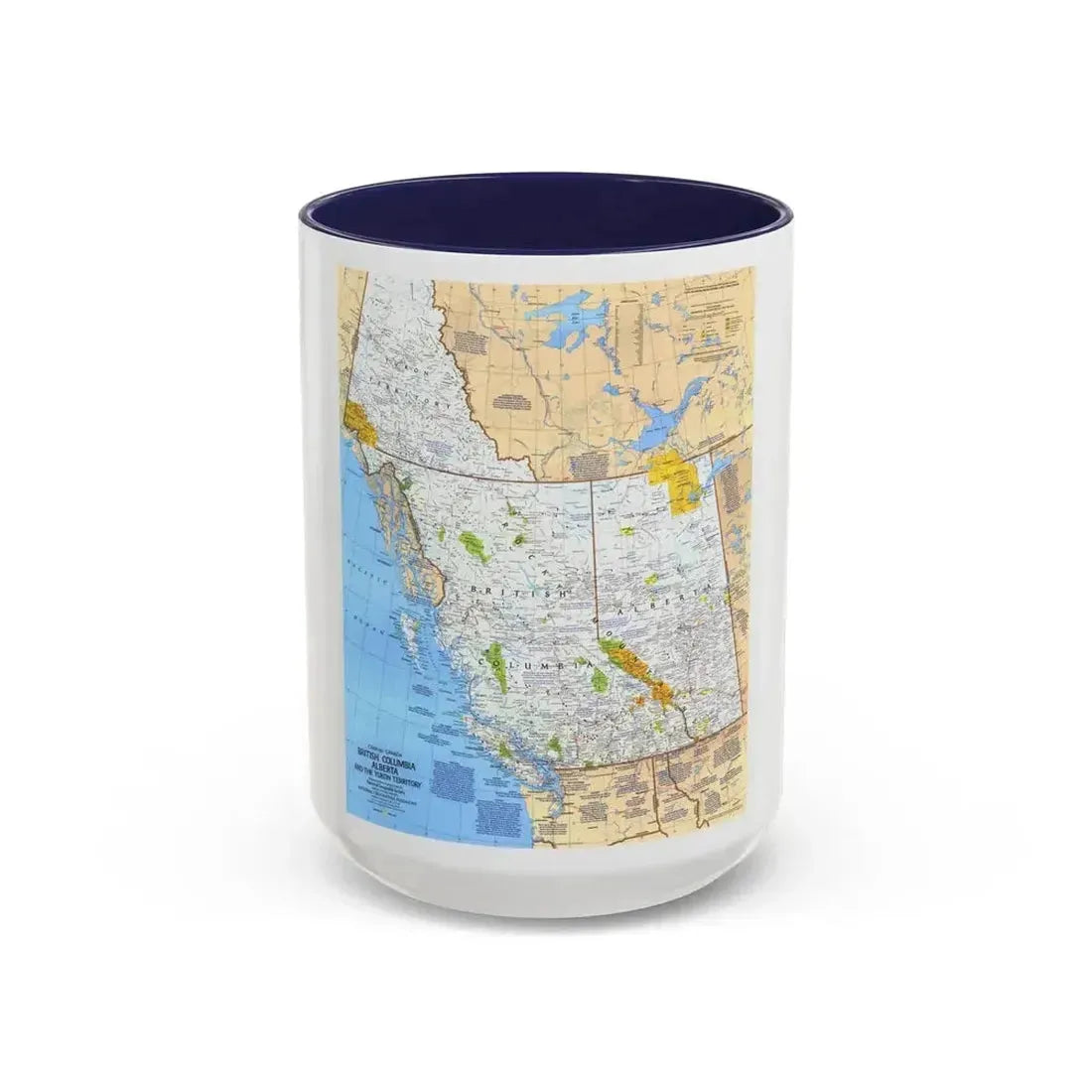 Canada - British Columbia, Alberta & Yukon (1978) (Map) Accent Coffee Mug 15oz Navy - Go Mug Yourself