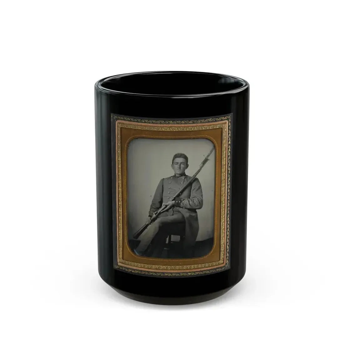 Captain Daniel Turrentine Of Company G, 12th Arkansas Infantry Regiment, In Full Officers' Uniform With Musket (U.S. Civil War) Black Coffee Mug 15oz - Go Mug Yourself
