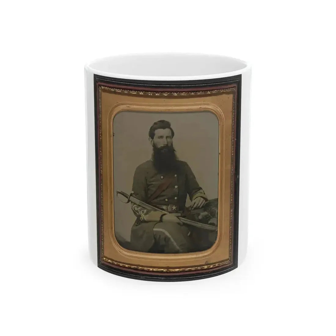 Captain George W. Hackworth Of Co. F, 1st Virginia Cavalry Regiment, In Uniform With Sword (U.S. Civil War) White Coffee Mug 11oz - Go Mug Yourself