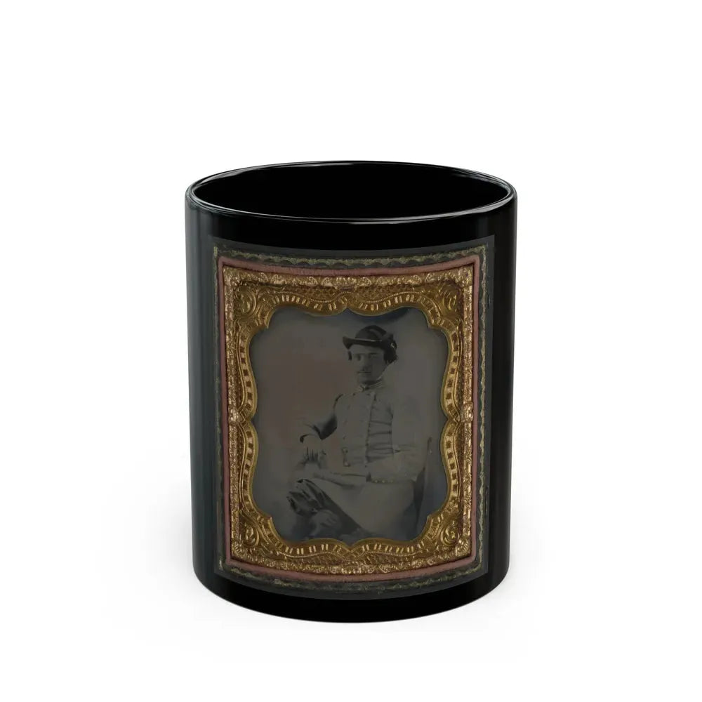 Captain William A. Hill Of Company D, 4th Virginia Cavalry Regiment, With Book On Lap (U.S. Civil War) Black Coffee Mug 11oz - Go Mug Yourself