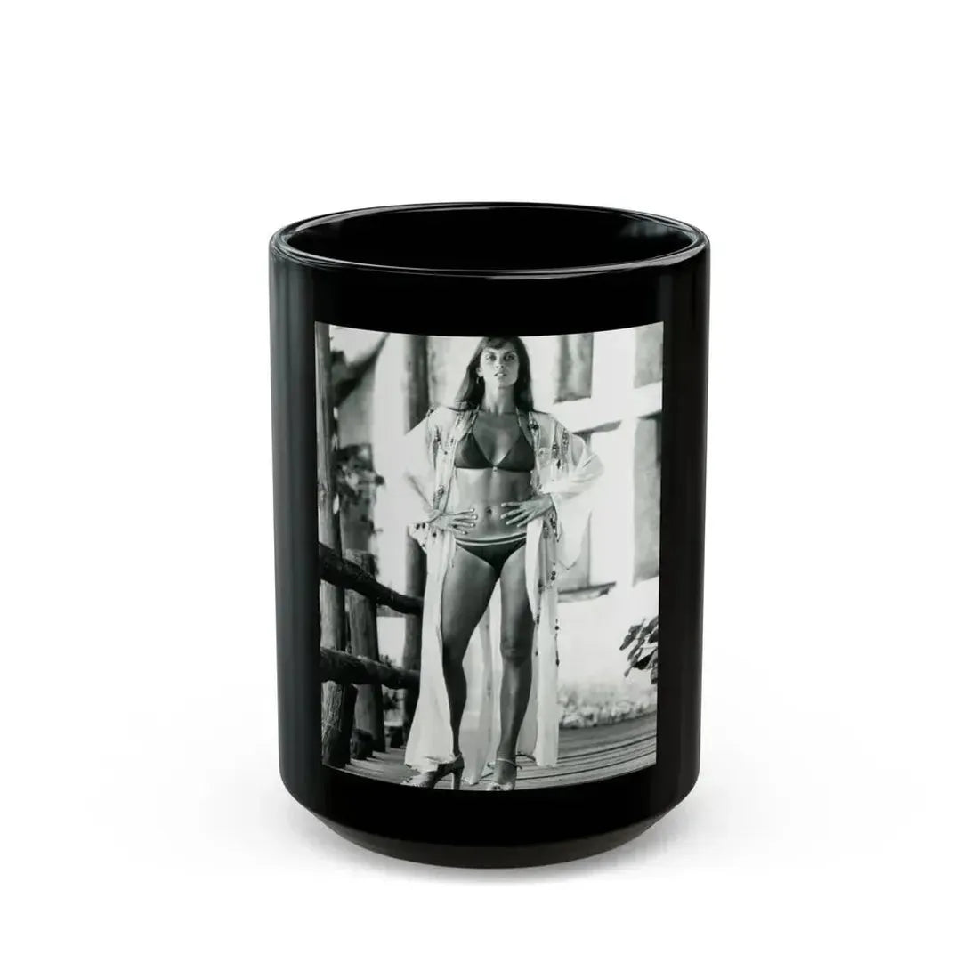 Caroline Munro #408 - 8x10 B&W Full Body in 2-Piece Bikini Photo Re-Strike from 1977 (Vintage Female Icon) Black Coffee Mug 15oz - Go Mug Yourself