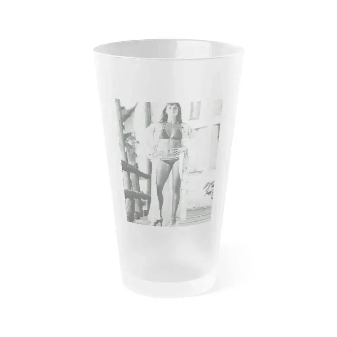 Caroline Munro #408 - 8x10 B&W Full Body in 2-Piece Bikini Photo Re-Strike from 1977 (Vintage Female Icon) Frosted Pint Glass 16oz 16oz Frosted - Go Mug Yourself