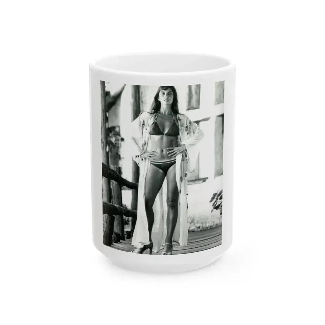 Caroline Munro #408 - 8x10 B&W Full Body in 2-Piece Bikini Photo Re-Strike from 1977 (Vintage Female Icon) White Coffee Mug 15oz - Go Mug Yourself