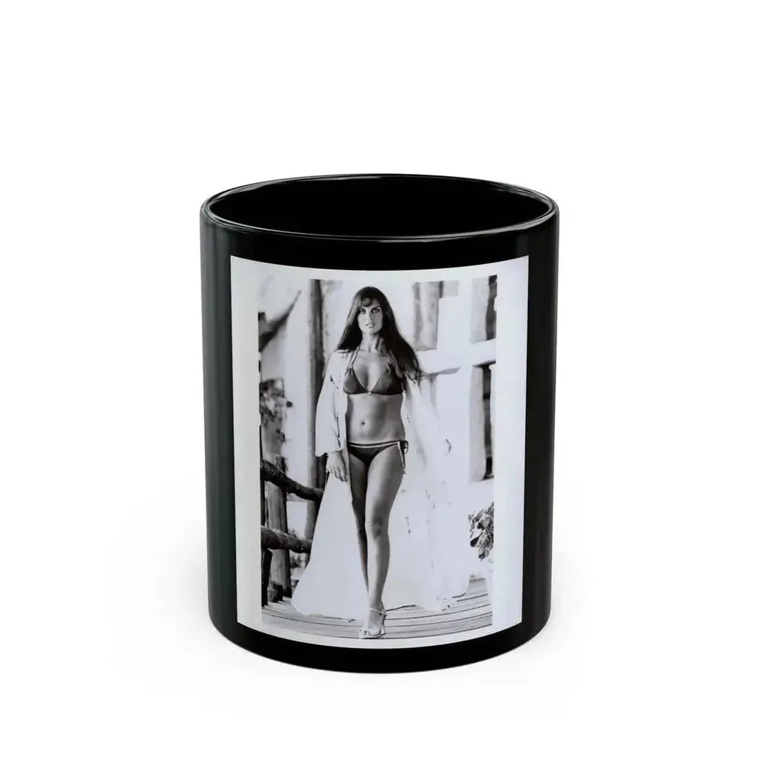 Caroline Munro #409 - 8x10 B&W Full Body in 2-Piece Bikini Photo Original from 1977 (Vintage Female Icon) Black Coffee Mug 11oz - Go Mug Yourself