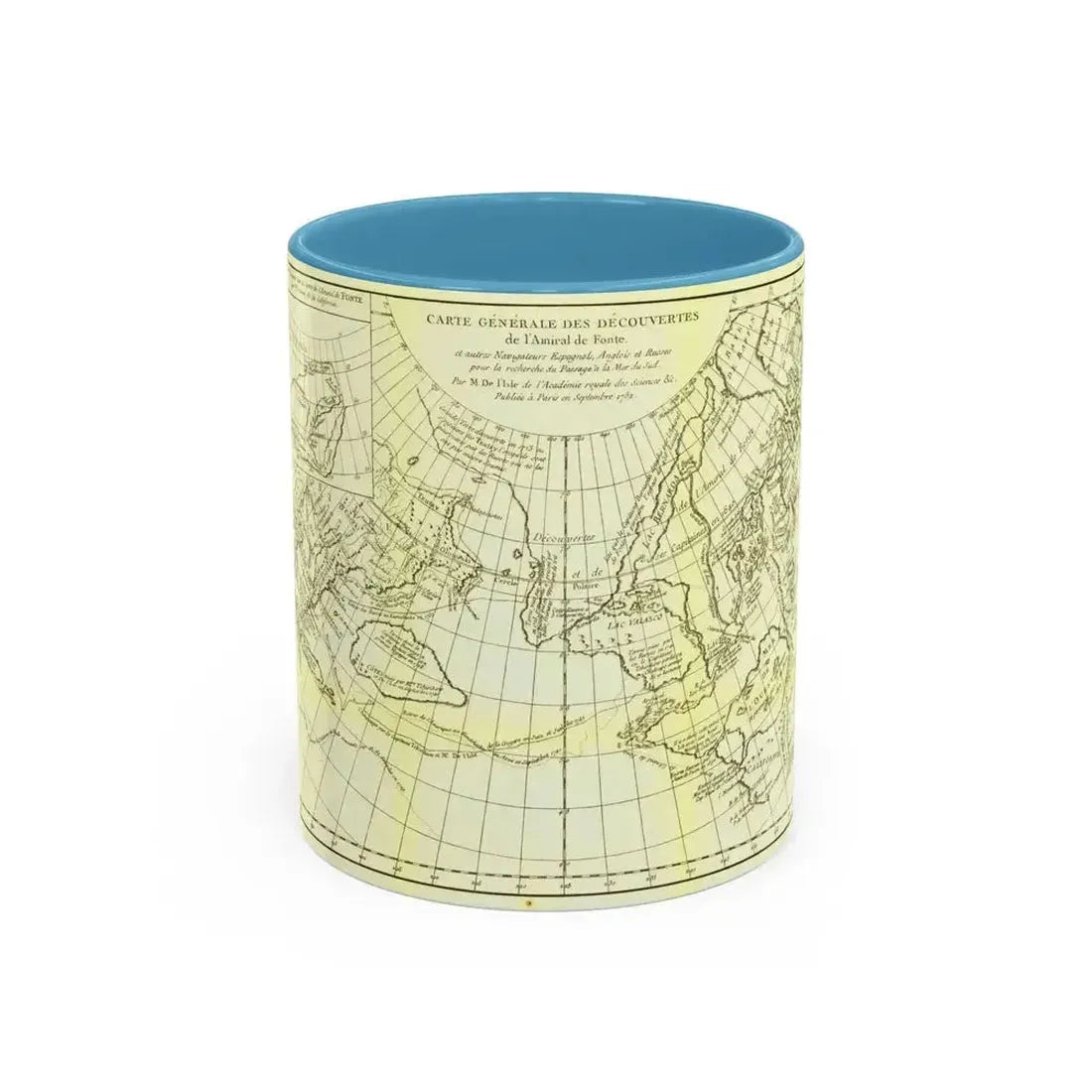 Carte Generale des Decouvertes de l'Amiral de Fonte (1762) (Map) Accent Coffee Mug 11oz Light Blue - Go Mug Yourself