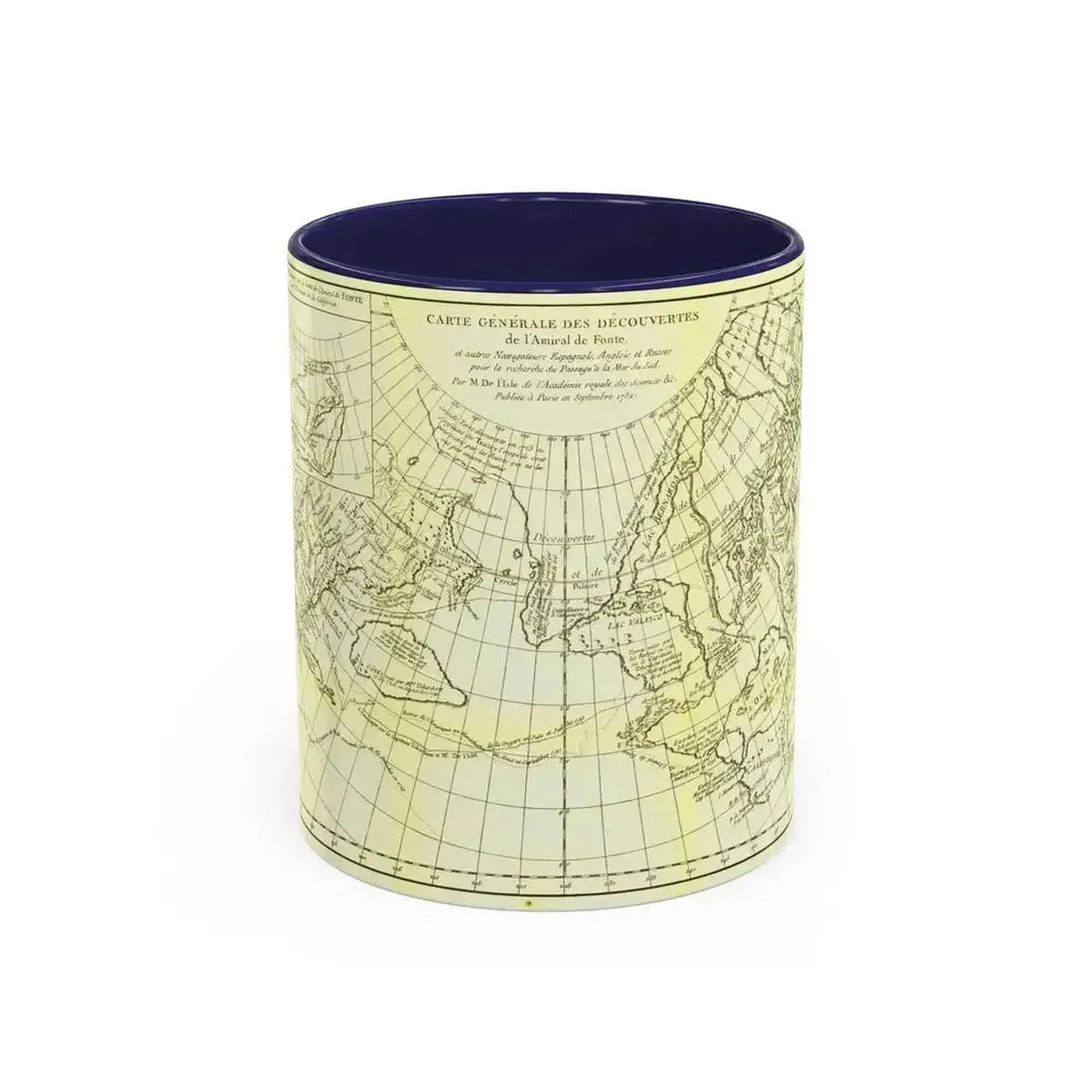 Carte Generale des Decouvertes de l'Amiral de Fonte (1762) (Map) Accent Coffee Mug 11oz Navy - Go Mug Yourself