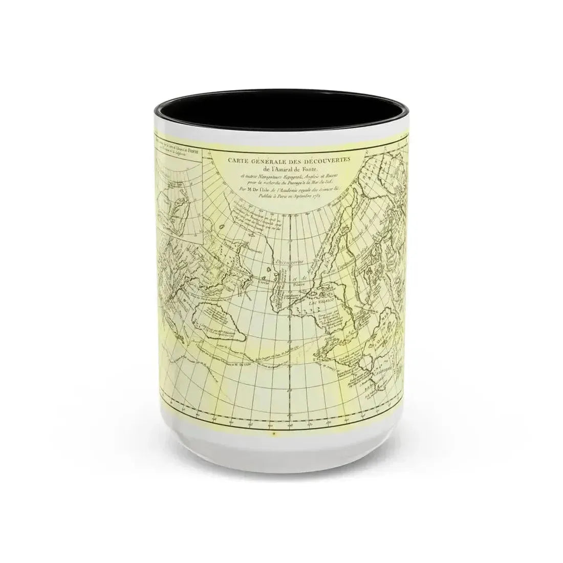 Carte Generale des Decouvertes de l'Amiral de Fonte (1762) (Map) Accent Coffee Mug 15oz Black - Go Mug Yourself