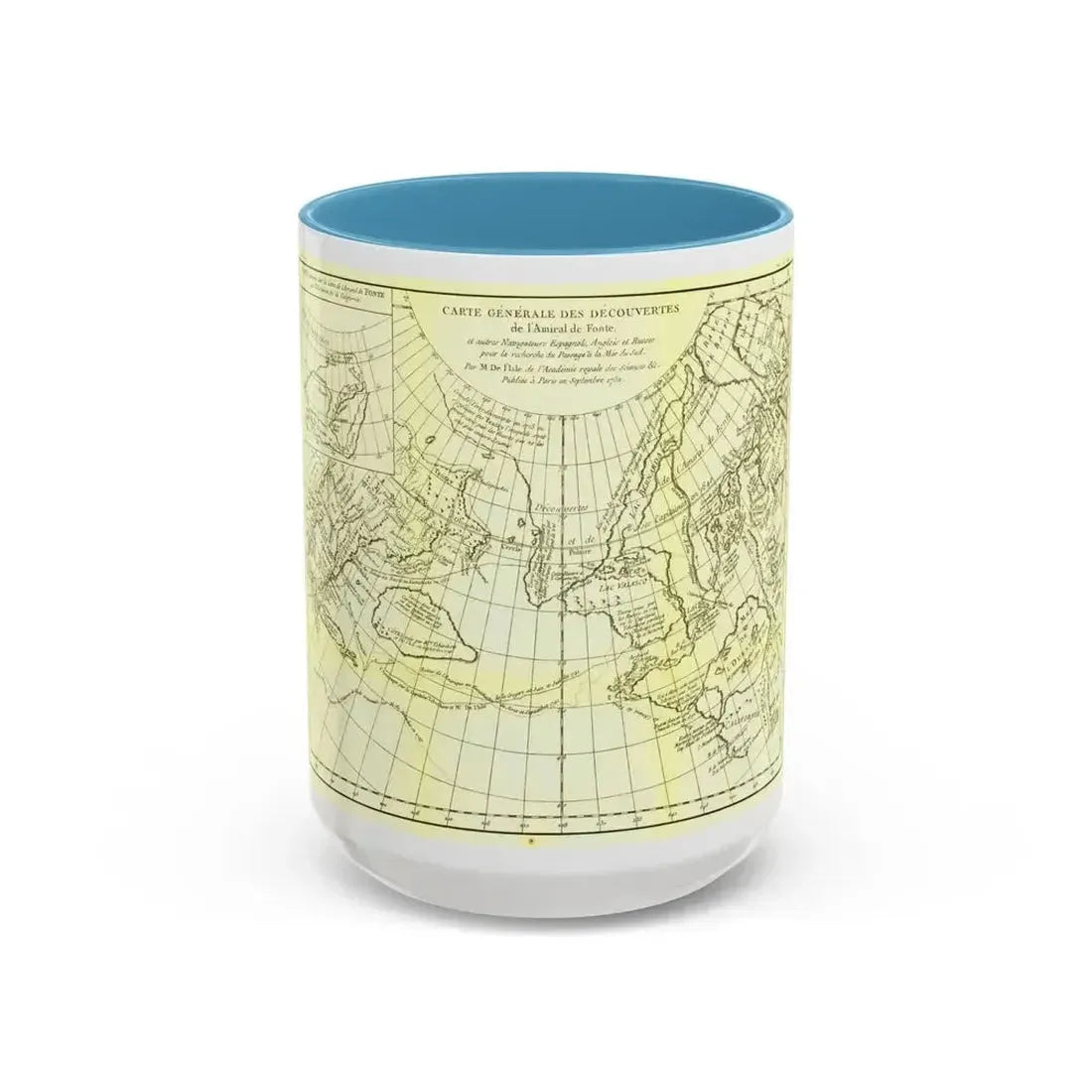 Carte Generale des Decouvertes de l'Amiral de Fonte (1762) (Map) Accent Coffee Mug 15oz Light Blue - Go Mug Yourself