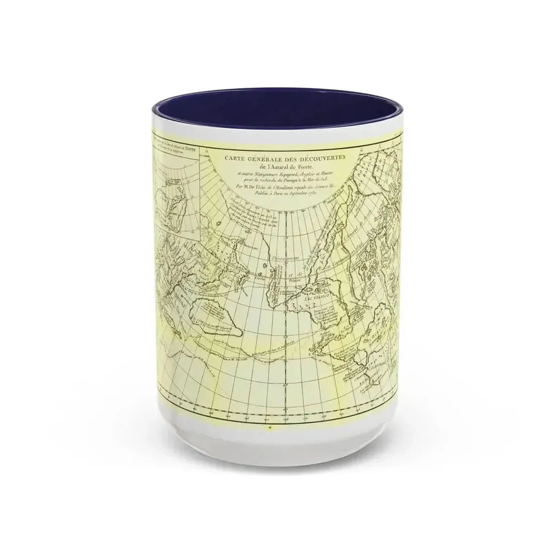 Carte Generale des Decouvertes de l'Amiral de Fonte (1762) (Map) Accent Coffee Mug 15oz Navy - Go Mug Yourself