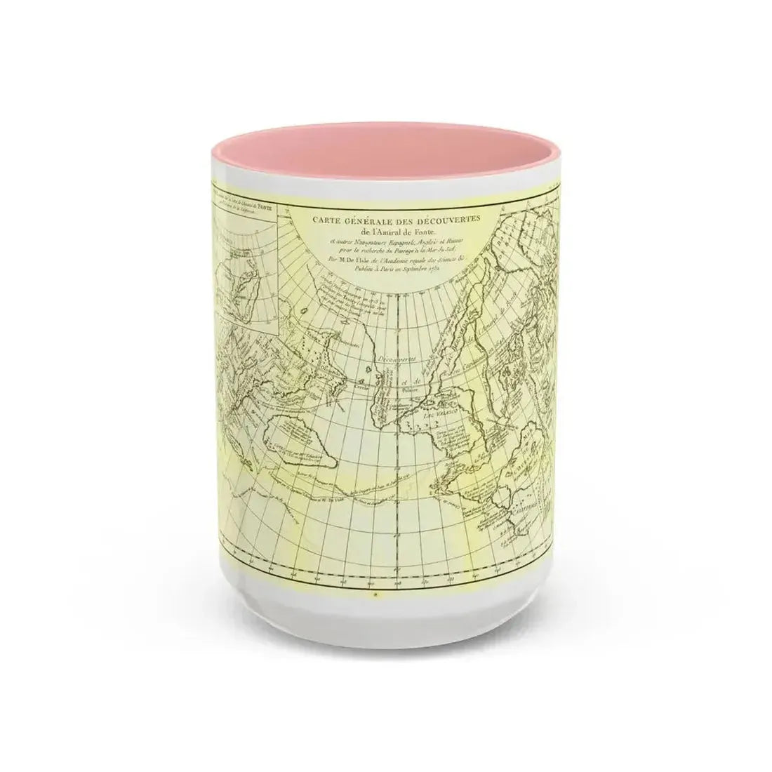 Carte Generale des Decouvertes de l'Amiral de Fonte (1762) (Map) Accent Coffee Mug 15oz Pink - Go Mug Yourself