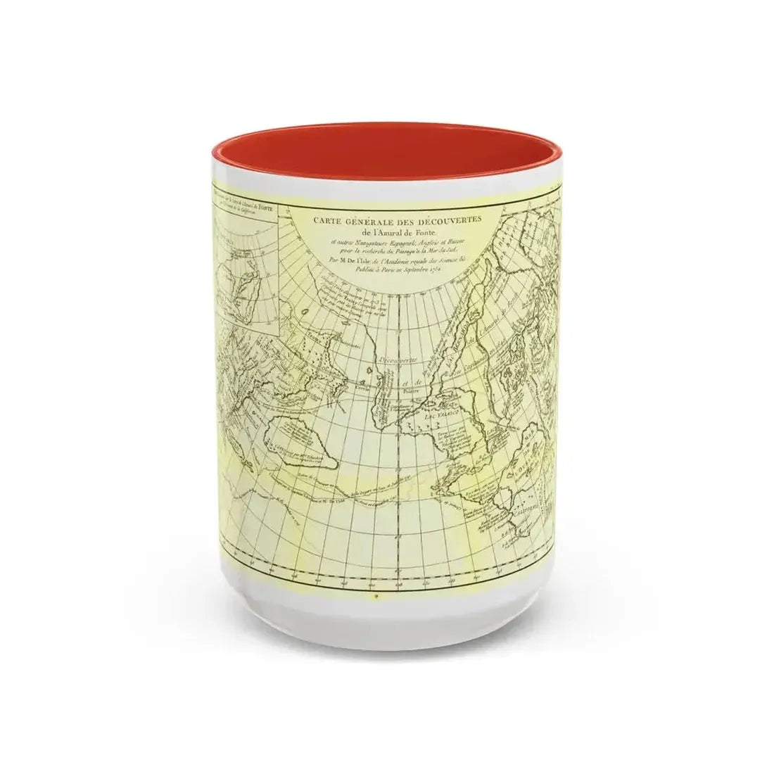 Carte Generale des Decouvertes de l'Amiral de Fonte (1762) (Map) Accent Coffee Mug 15oz Red - Go Mug Yourself