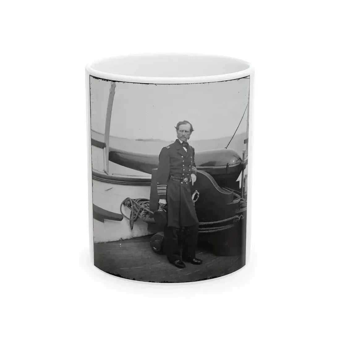 Charleston Harbor, S.C. Rear Admiral John A. Dahlgren Standing By A Dahlgren Gun On Deck Of U.S.S. Pawnee (U.S. Civil War) White Coffee Mug 11oz - Go Mug Yourself
