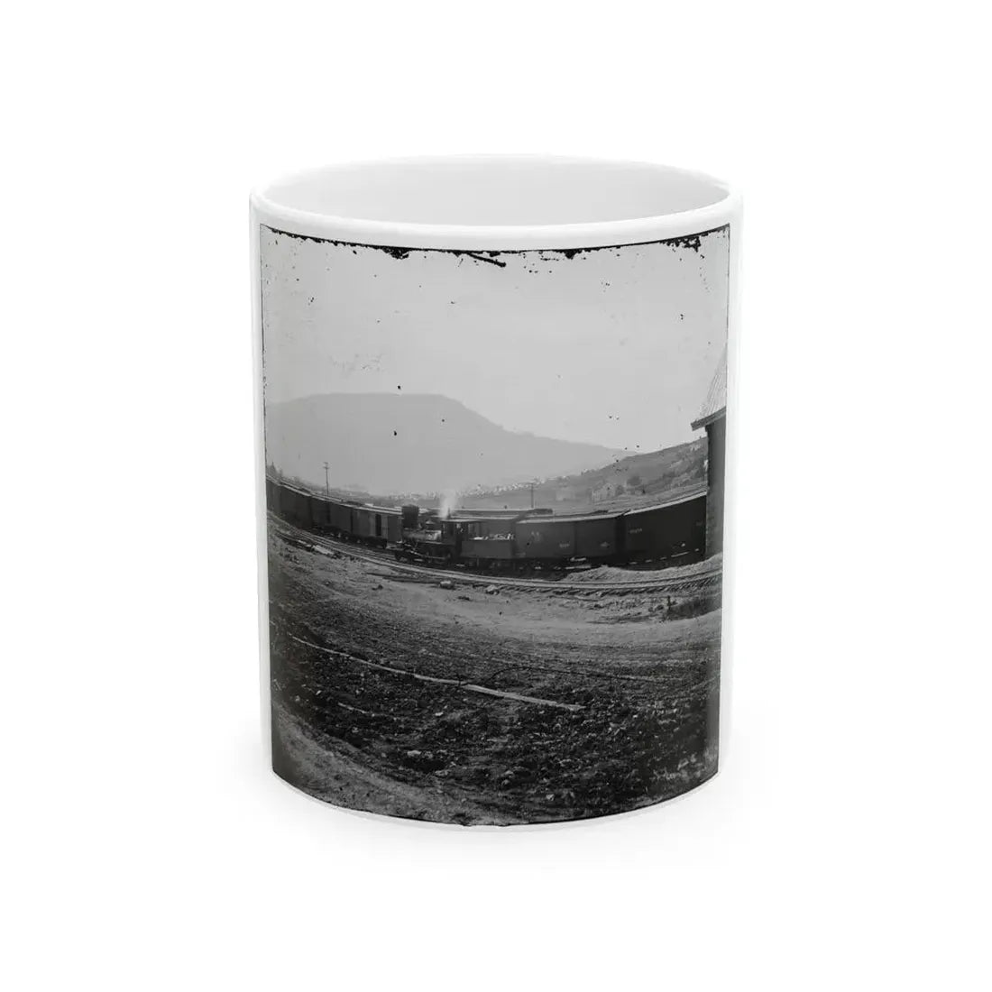 Chattanooga, Tenn. U.S. Military Train At Depot; Lookout Mountain In Background (U.S. Civil War) White Coffee Mug 11oz - Go Mug Yourself
