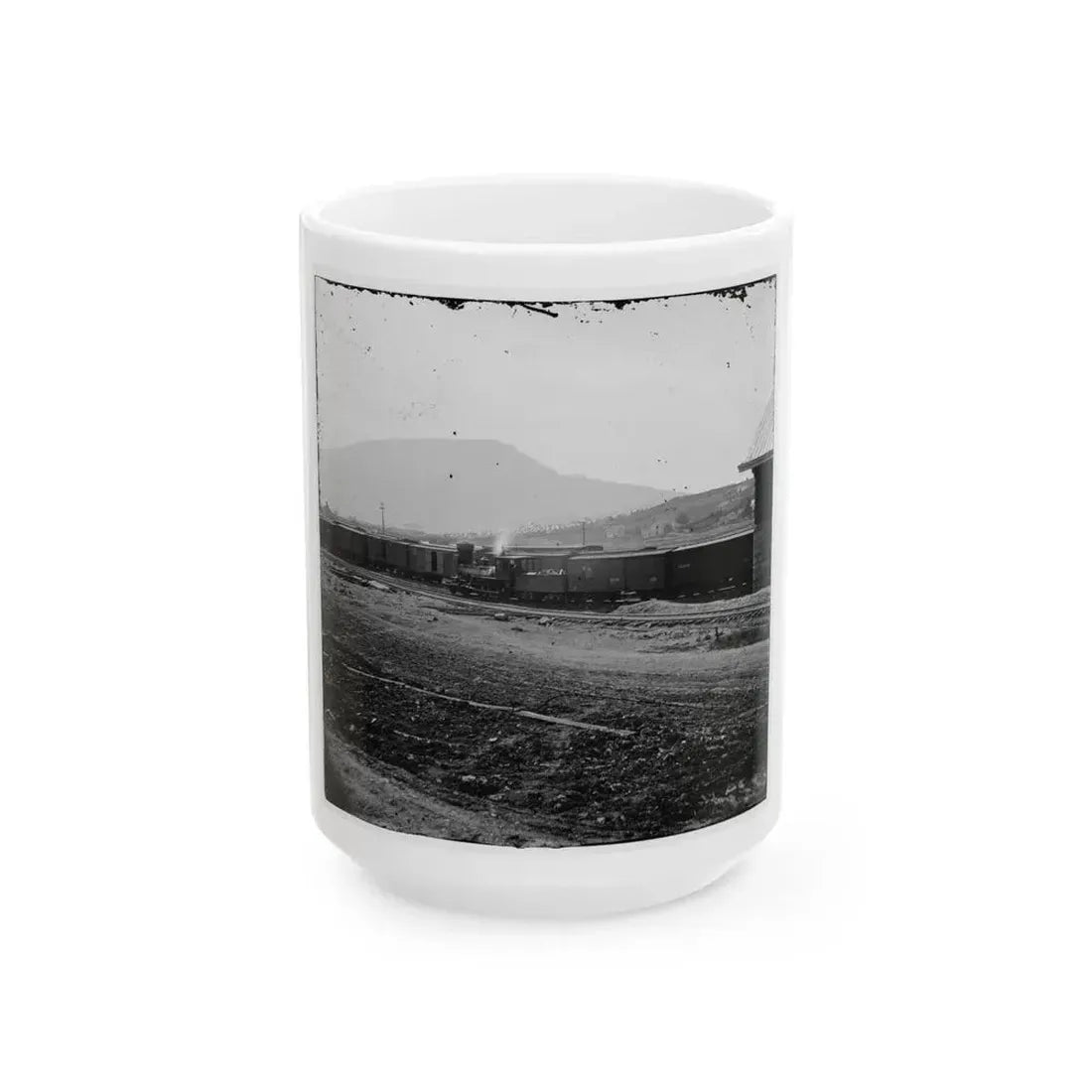 Chattanooga, Tenn. U.S. Military Train At Depot; Lookout Mountain In Background (U.S. Civil War) White Coffee Mug 15oz - Go Mug Yourself