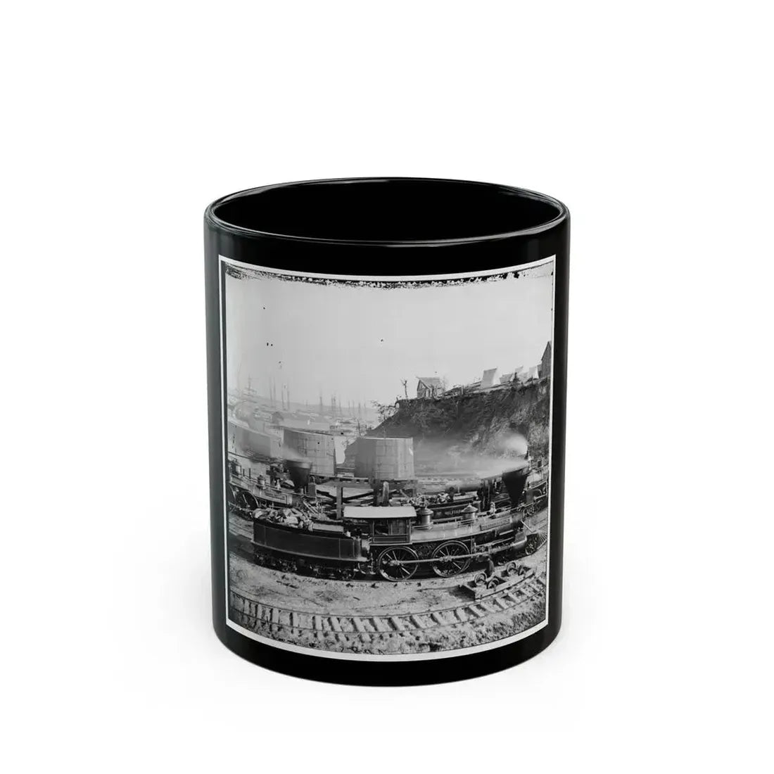 City Point, Va.  Gen. J. C. Robinson  And Other Locomotives Of The U.S. Military Railroad (U.S. Civil War) Black Coffee Mug 11oz - Go Mug Yourself