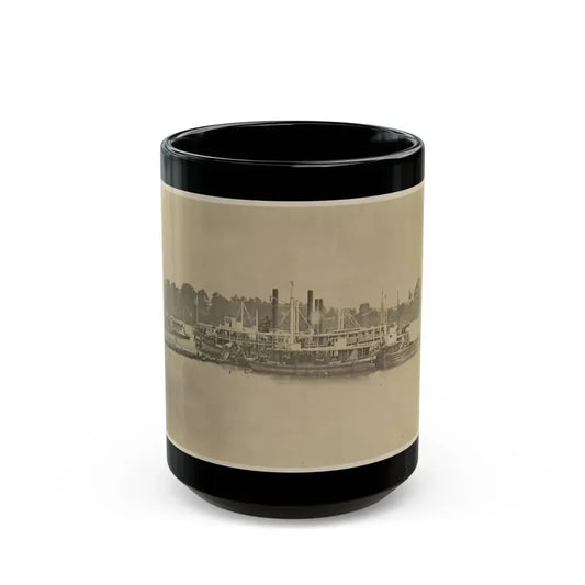 Cluster Of Supply Boats At A Pontoon Bridge (U.S. Civil War) Black Coffee Mug 15oz - Go Mug Yourself