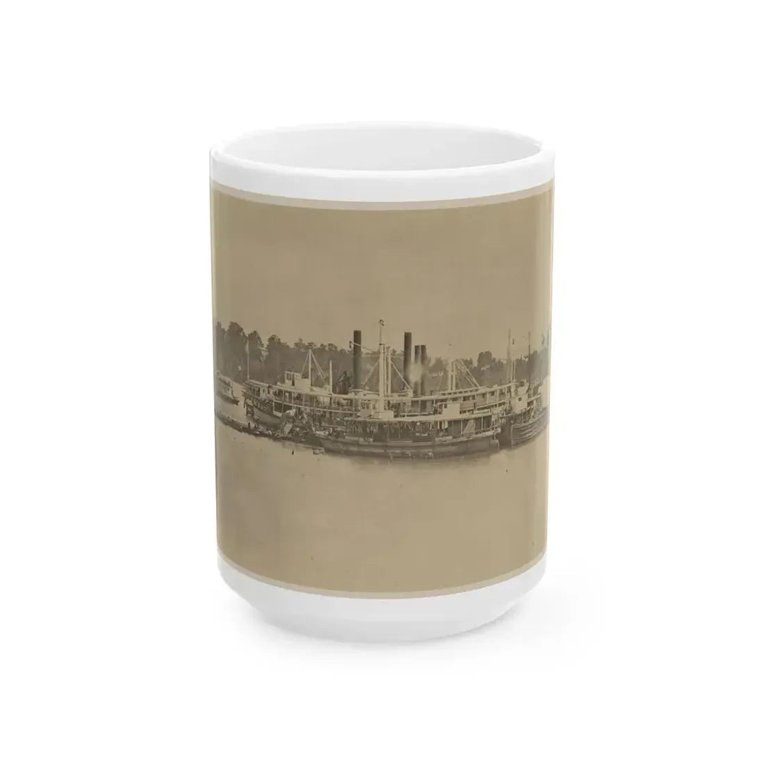 Cluster Of Supply Boats At A Pontoon Bridge (U.S. Civil War) White Coffee Mug 15oz - Go Mug Yourself