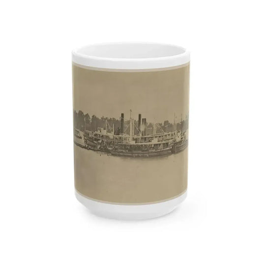 Cluster Of Supply Boats At A Pontoon Bridge (U.S. Civil War) White Coffee Mug 15oz - Go Mug Yourself