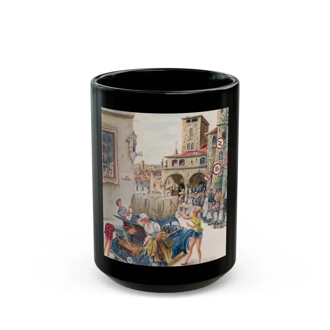 Coed Tourists in Italy, Saturday Evening Post, August 2, 1958 - Black Coffee Mug 15oz - Go Mug Yourself