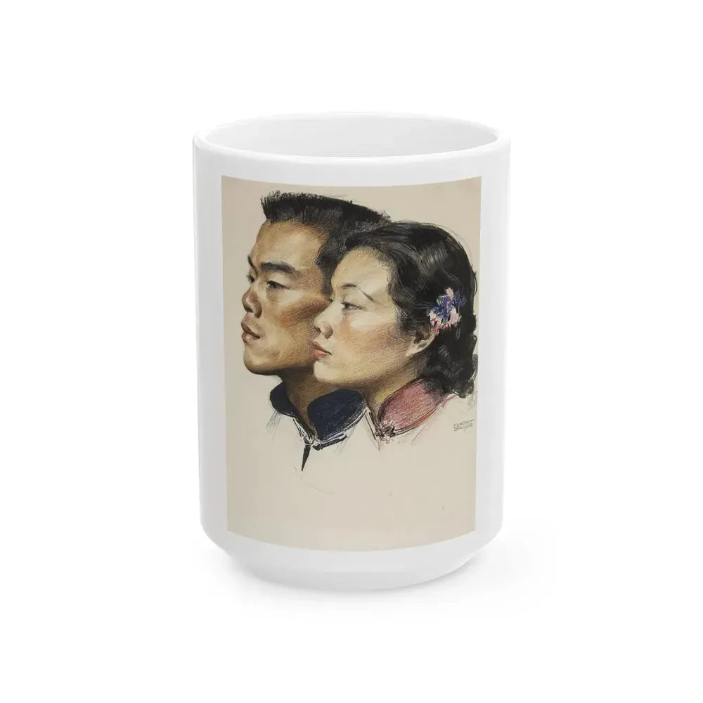 Colored Pencil Dual Portrait Illustration - White Coffee Mug 15oz - Go Mug Yourself
