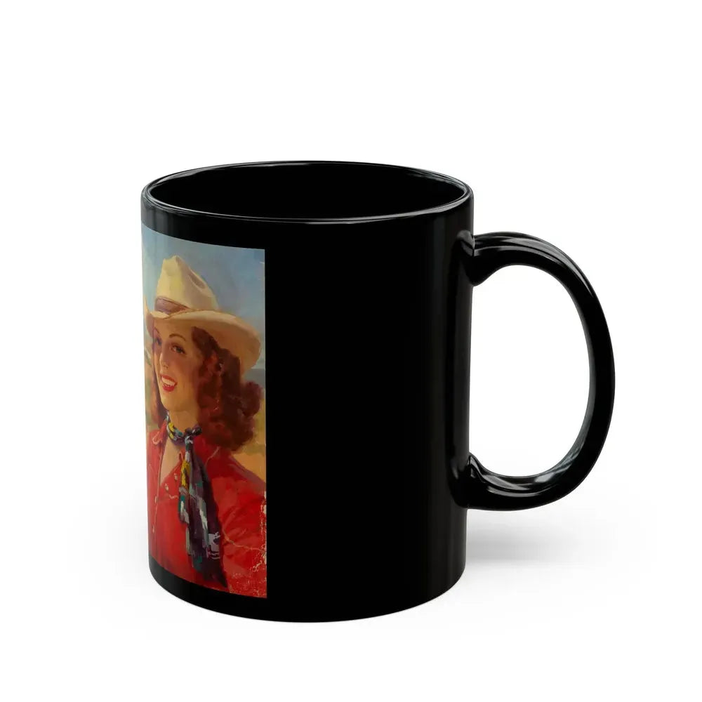 Cowgirl and Stagecoach, Santa Fe Railroad ad illustration, c. 1930 - Black Coffee Mug - Go Mug Yourself