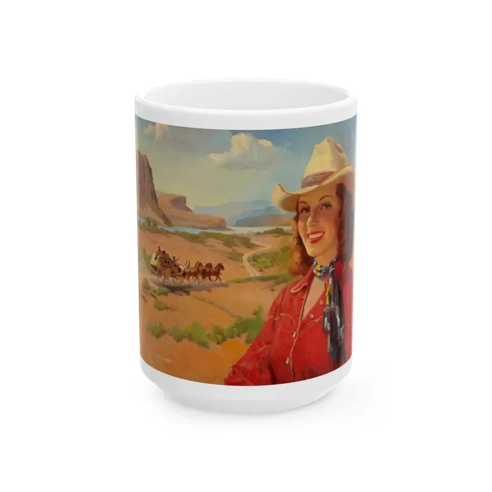 Cowgirl and Stagecoach, Santa Fe Railroad ad illustration, c. 1930 - White Coffee Mug 15oz - Go Mug Yourself