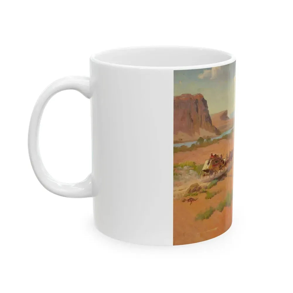 Cowgirl and Stagecoach, Santa Fe Railroad ad illustration, c. 1930 - White Coffee Mug - Go Mug Yourself