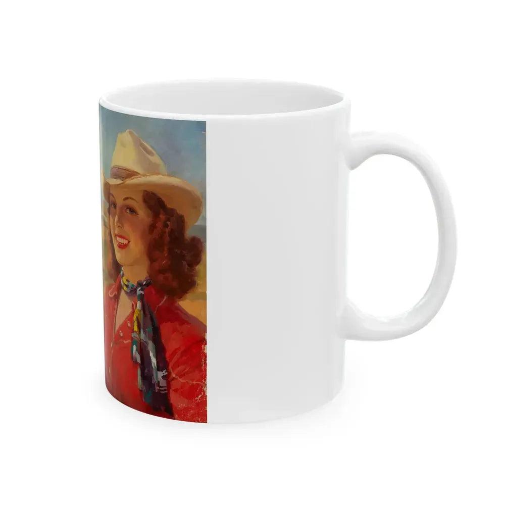 Cowgirl and Stagecoach, Santa Fe Railroad ad illustration, c. 1930 - White Coffee Mug - Go Mug Yourself