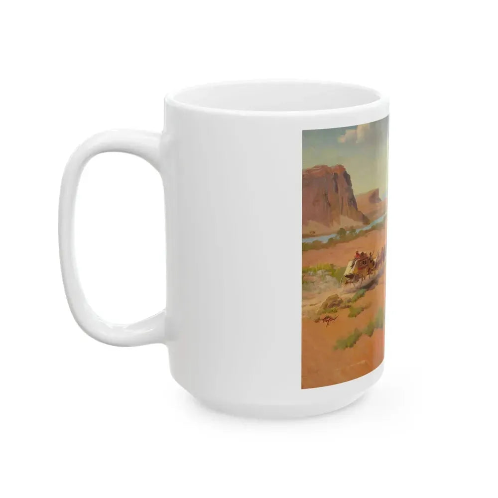 Cowgirl and Stagecoach, Santa Fe Railroad ad illustration, c. 1930 - White Coffee Mug - Go Mug Yourself