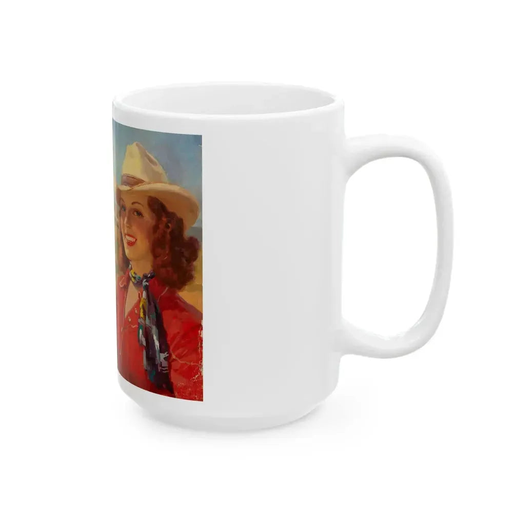 Cowgirl and Stagecoach, Santa Fe Railroad ad illustration, c. 1930 - White Coffee Mug - Go Mug Yourself