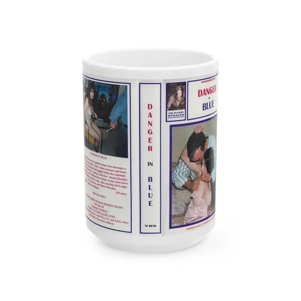 DANGER IN BLUE (VHS COVER) - White Coffee Mug 15oz - Go Mug Yourself