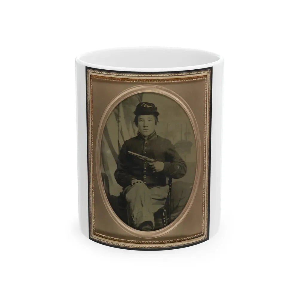 David Potts In Union Cavalry Uniform, With Revolver, In Front Of Painted Background (U.S. Civil War) White Coffee Mug 11oz - Go Mug Yourself