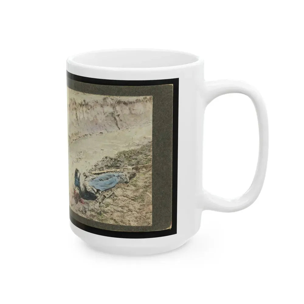 Dead Confederate Soldier In The Trenches Of Fort Mahone, Petersburg, Virginia 001 (U.S. Civil War) White Coffee Mug - Go Mug Yourself