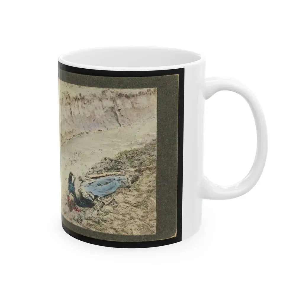 Dead Confederate Soldier In The Trenches Of Fort Mahone, Petersburg, Virginia 001 (U.S. Civil War) White Coffee Mug - Go Mug Yourself