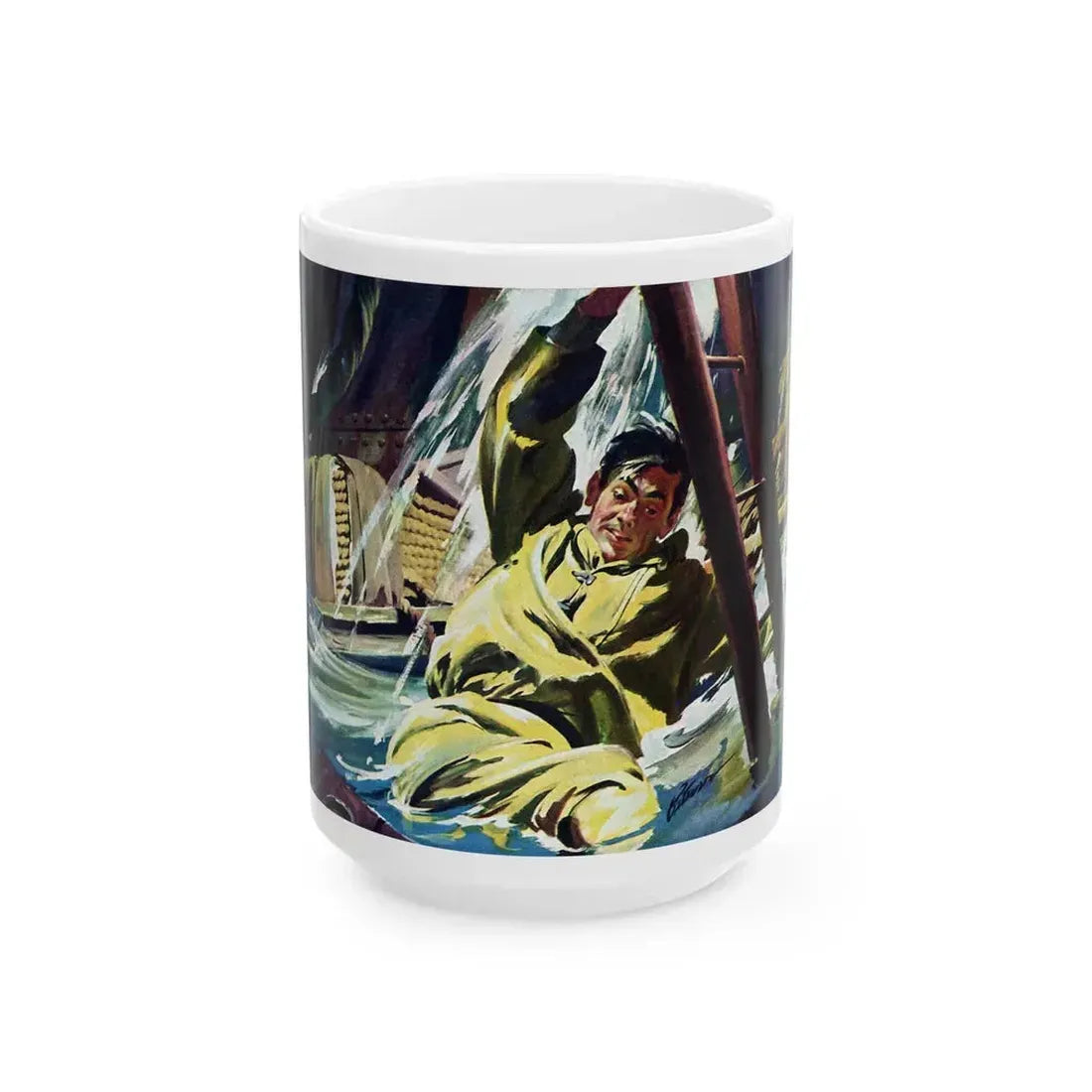 Death Below Decks by Brian Cleeve, The Saturday Evening Post, 1957 - White Coffee Mug 15oz - Go Mug Yourself