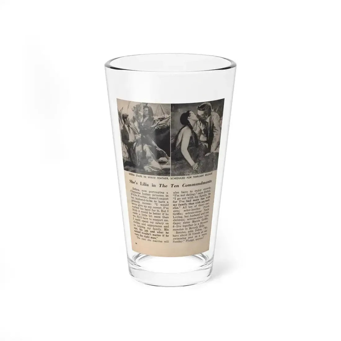 Debra Paget #677 - Pages 30-34 Pages 5 of 5 featuring, Debra 2 B&W Movie Photos, Caption & Article from People Today Pocket Mag. 1-26-55 (Vintage Female Icon) Pint Glass 16oz 16oz - Go Mug Yourself