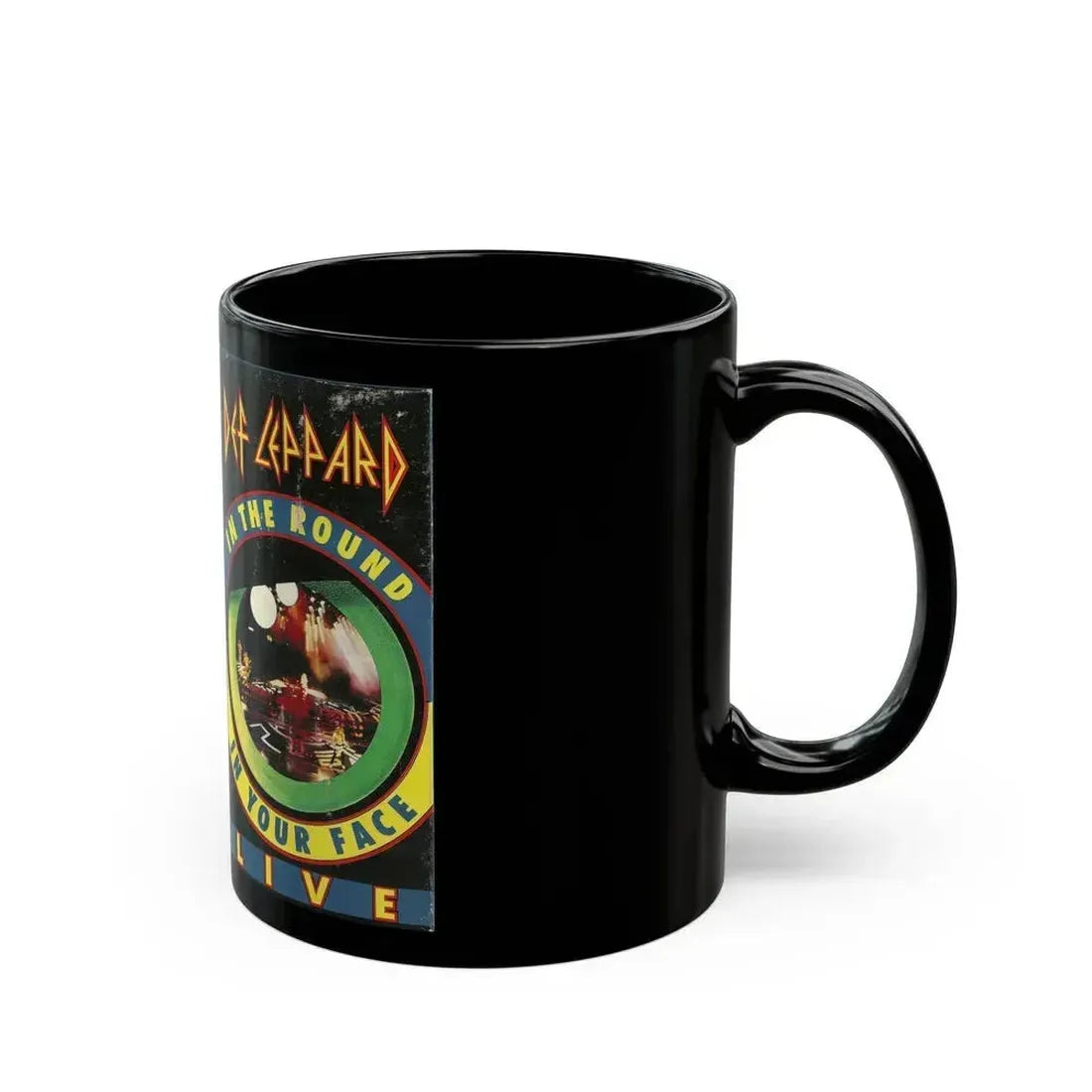 DEF LEPPARD LIVE IN THE ROUND IN YOUR FACE LIVE (VHS COVER) - Black Coffee Mug - Go Mug Yourself