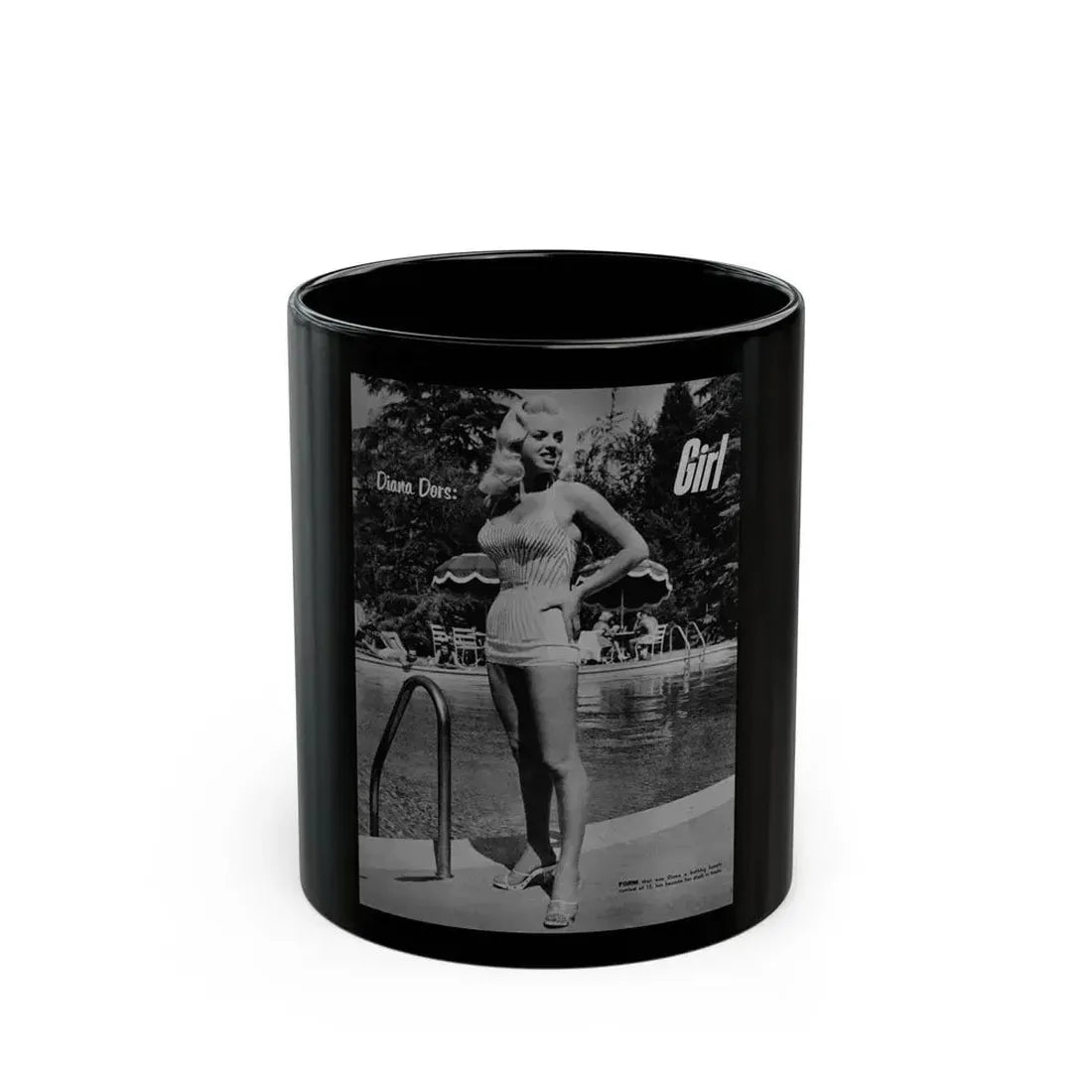Diana Dors #213 - Vintage B&W 8.5x10.5 Pin-Up Photo with, Headline & Caption from Pin-Up or Movie Star Magazine Circa 1950's 1 (Vintage Female Icon) Black Coffee Mug 11oz - Go Mug Yourself