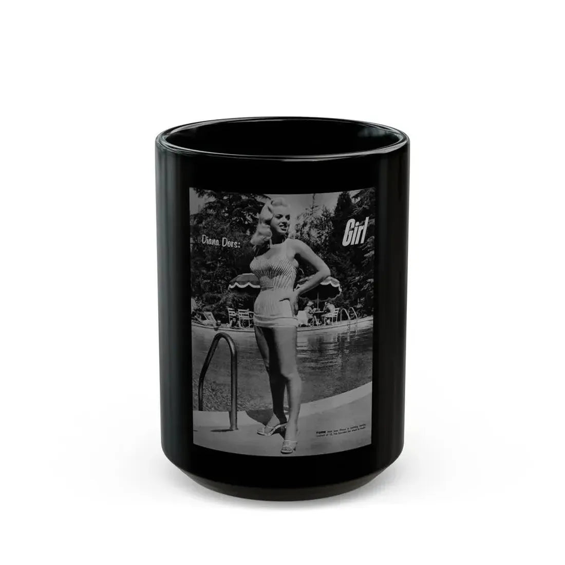 Diana Dors #213 - Vintage B&W 8.5x10.5 Pin-Up Photo with, Headline & Caption from Pin-Up or Movie Star Magazine Circa 1950's 1 (Vintage Female Icon) Black Coffee Mug 15oz - Go Mug Yourself