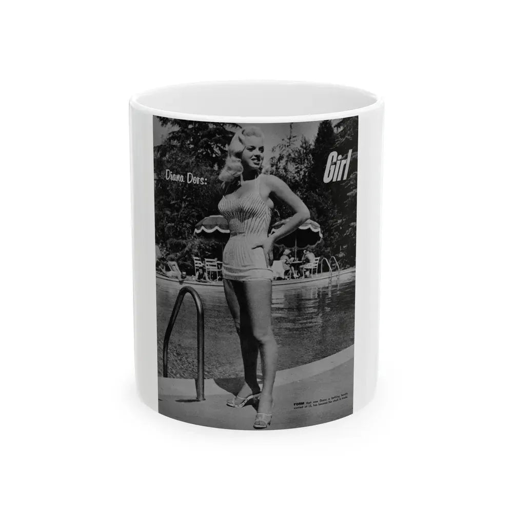 Diana Dors #213 - Vintage B&W 8.5x10.5 Pin-Up Photo with, Headline & Caption from Pin-Up or Movie Star Magazine Circa 1950's 1 (Vintage Female Icon) White Coffee Mug 11oz - Go Mug Yourself