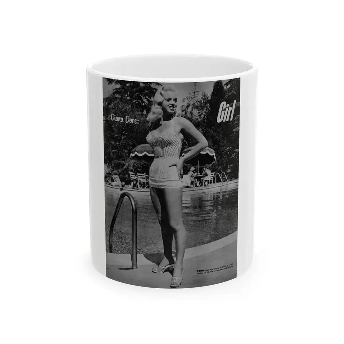 Diana Dors #213 - Vintage B&W 8.5x10.5 Pin-Up Photo with, Headline & Caption from Pin-Up or Movie Star Magazine Circa 1950's 1 (Vintage Female Icon) White Coffee Mug 11oz - Go Mug Yourself