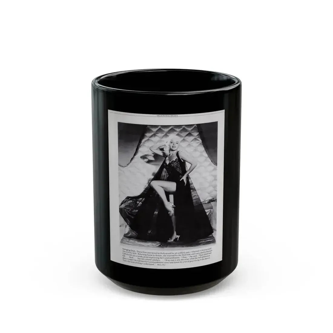 Diana Dors #221 - B&W Glamour Magazine Page Photo with, caption & brieg article on Diane (Vintage Female Icon) Black Coffee Mug 15oz - Go Mug Yourself