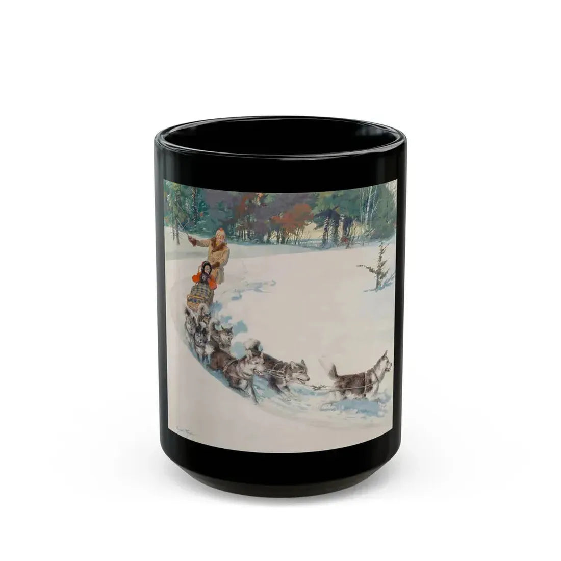 Dogsled Fun, calendar illustration - Black Coffee Mug 15oz - Go Mug Yourself