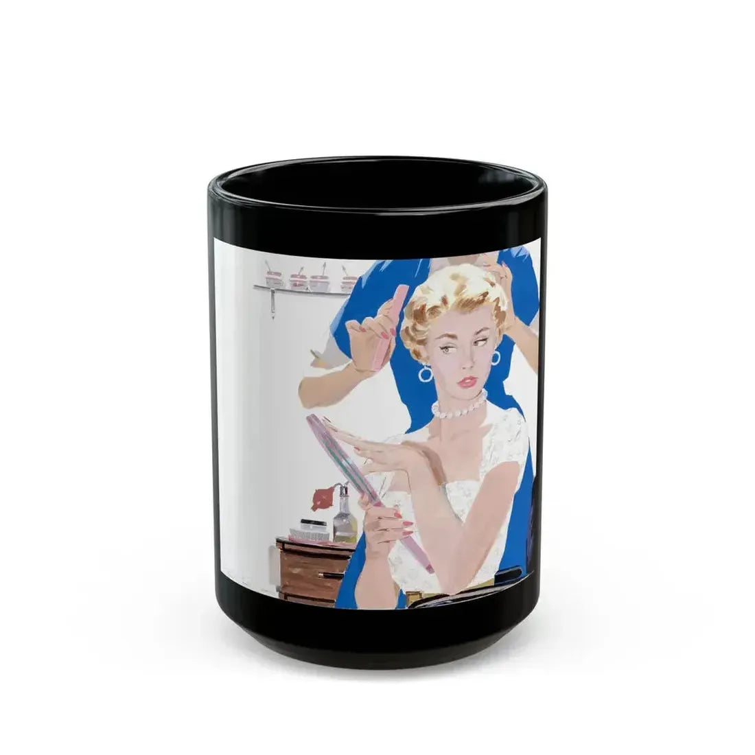 Dolled Up, woman's magazine story illustration, 1954 - Black Coffee Mug 15oz - Go Mug Yourself