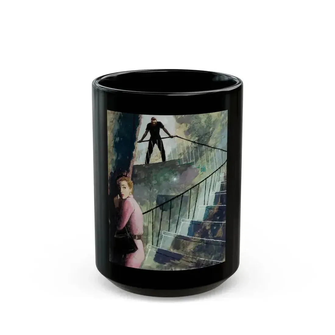 Down the Staircase, story illustration, circa 1955 - Black Coffee Mug 15oz - Go Mug Yourself